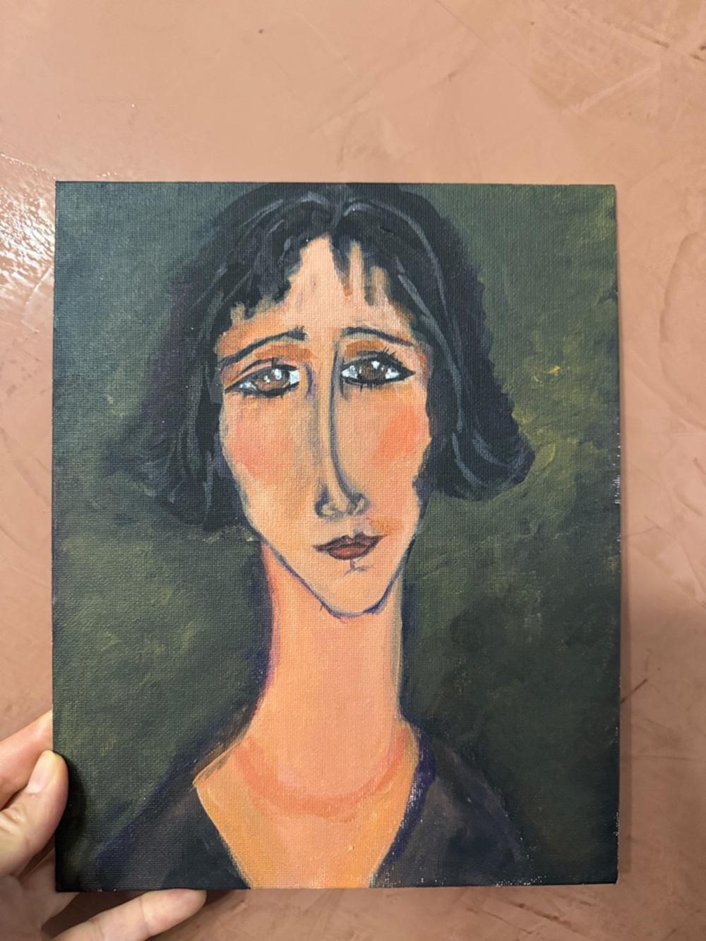 Hand-Painted Portrait in Green and Peach Tones inspired by Amedeo Modigliani. - Picture 3 of 5